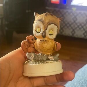 Vintage Napcoware porcelain owl figurine featuring a squirrel.